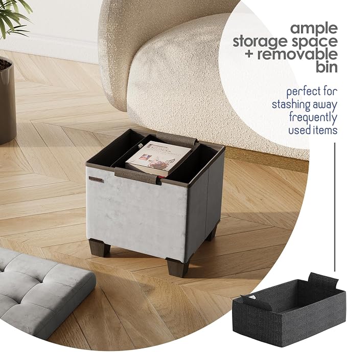Storage Ottoman Cube with Small Bin, 15-in Square Ottoman with Storage for Living Room and Bedroom, Small Ottomans Foot Rest, Velvet Foot Stools Ottomans Max 330lbs, Light Grey - Image 3