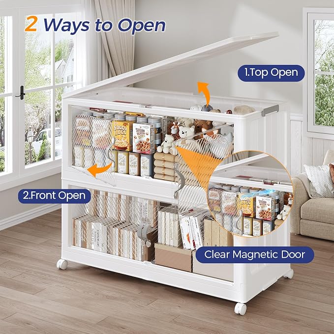 360QT Extra Large Stackable Storage Bins with Lid, 90Gal Plastic Closet Organizers and Storage Drawer, Collapsible Cabinet Box with Wheels Clear Doors for Home Kitchen Garage, 3Pack White - Image 4