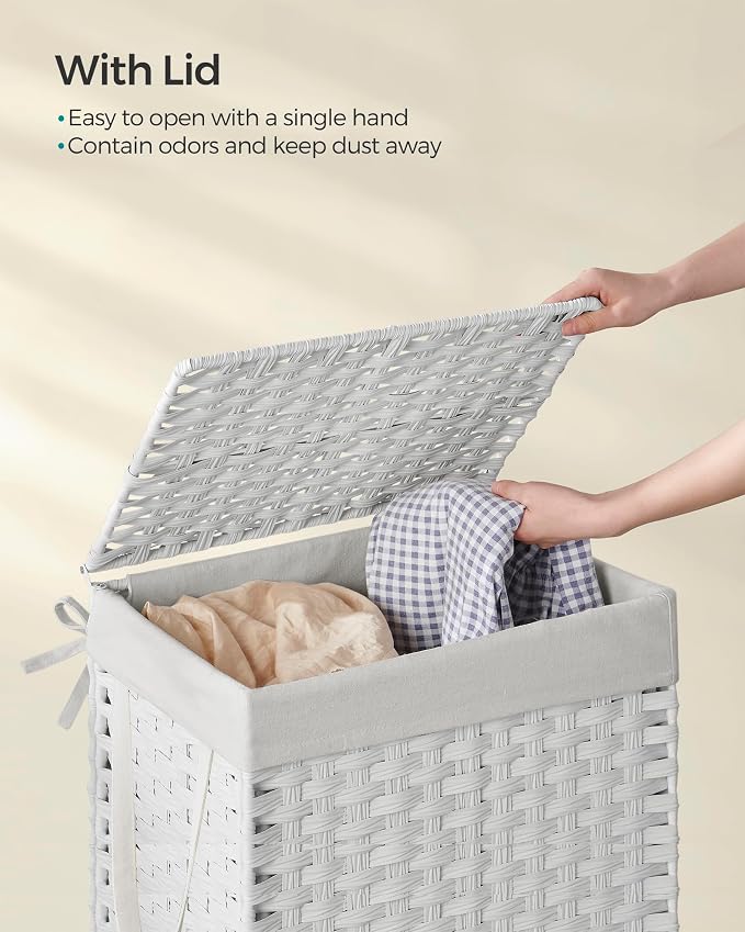 SONGMICS Laundry Hamper with Lid, 23.8 Gal (90 L) Synthetic Rattan,Foldable | Clothes Laundry Basket with Handles, Removable Liner, Cloud White, ELIOTT Collection ULCB165W01 - Image 3