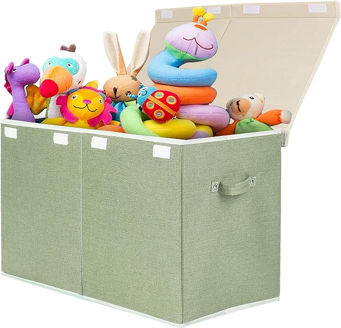 Large Toy Box Chest Storage with Lid, Collapsible Kids Toy Storage Box Bin | Toy Chest with Rivets Handles for Kids, Boys, Girls, Nursery, Playroom, Living Room, Bedroom, 25"x 13" x 16" (Linen Green) by popoly
