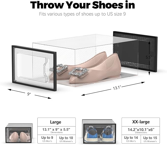 12 Pack Shoe Storage Box, Clear Plastic Stackable Shoe Organizer for Closet, Space Saving Shoe Rack for Entryway Sneaker Container Bin Holder (Black) - Image 5