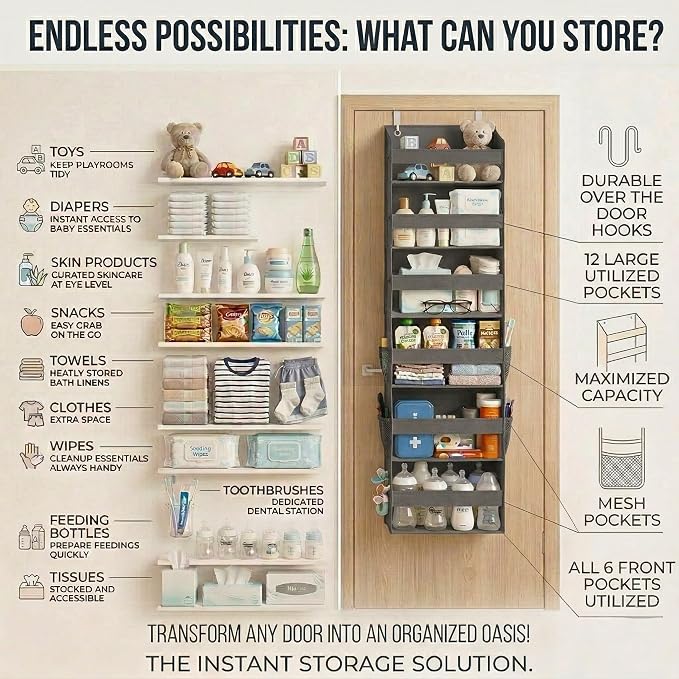 Over the Door Organizer, 6-Tier, 100D Fabric, Dark Gray 2pc | Over the door shoe organizer, 50 lbs capacity, 12 side mesh pockets, 100D extra thick fabric, Closet & entryway storage - Image 6