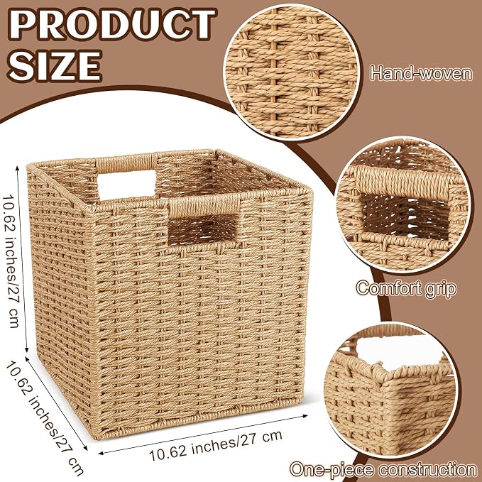 4 Pcs Wicker Storage Baskets 10.6 x 10.6in Cube Storage Bin Organizer Camel Square Foldable Wicker Baskets for Shelves Organizing Decor Laundry Pantry Toys - Image 2