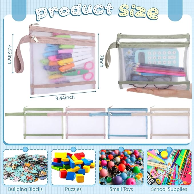 MotiMind 24 Pack Double Layer Mesh Zipper Pouch Bag A5 Toy Storage Bag | Mesh Bags with Zipper & Handle, Toy Organizer for Building Blocks, Puzzles, Board Games, School Office Organization & Storage - Image 2