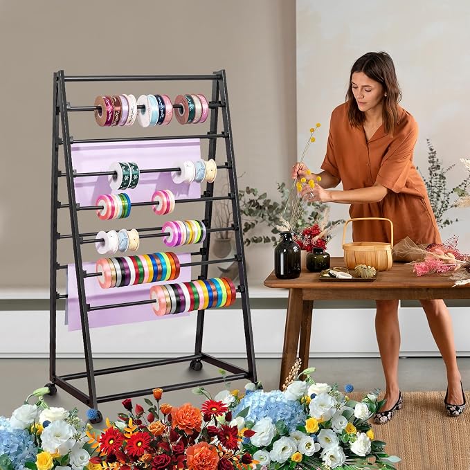 Ribbon Organizer, 15 Tier Metal Wire Spool Rack, Double-Sided Christmas Gift Wrapping Organizer Storage Ribbon Storage Rack for Craft Cake Shop Flower Store,Tie Scarf Rack Belt Towel Holder - Image 2