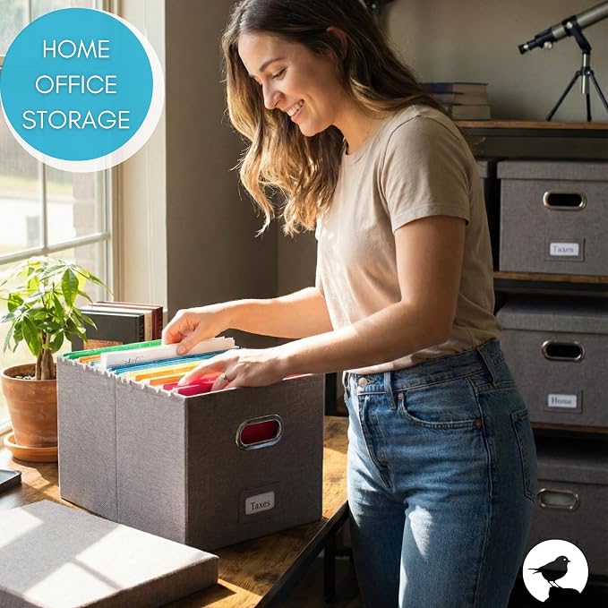 Internet's Best Collapsible File Box Storage Organizer with Lid - Decorative Linen Filing & Storage Office Boxes – Hanging Letter/Legal Folder – Home Office Bins Cabinet – Grey Container - 1 Pack - Image 6