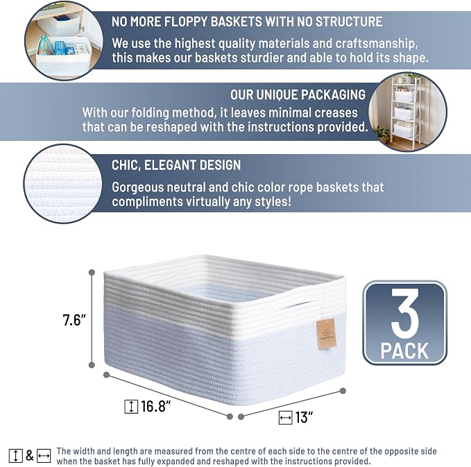 NaturalCozy Storage Baskets 16.8”x13”x7.6” Cotton Rope Woven Baskets for Organizing 3-Pack | Toy Storage Bins | Basket for Shelves, Laundry, Blanket, Clothes, Closet, Kitchen, Bathroom, Gifts - Image 2