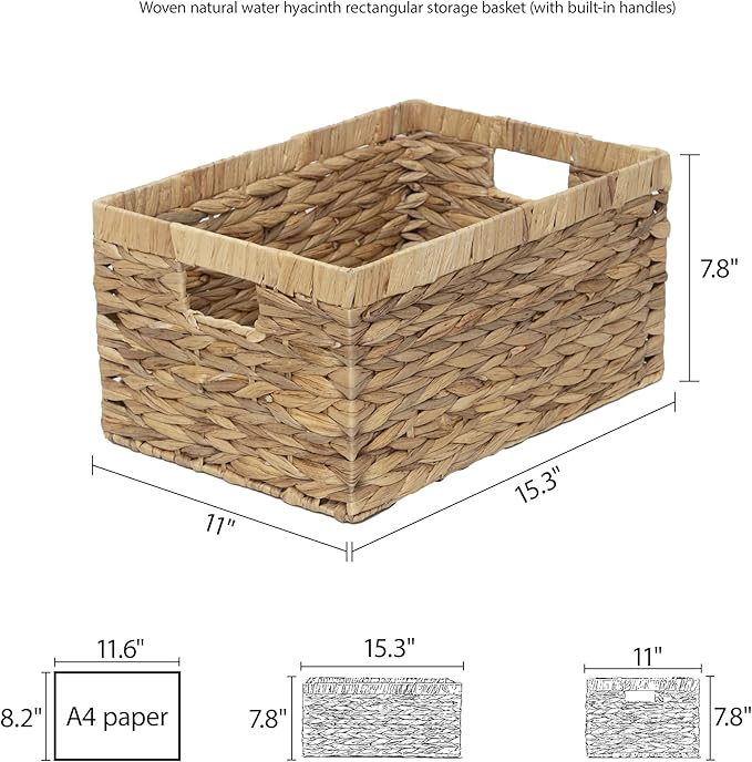 Woven Natural Water hyacinth Rectangular Storage Baskets with inside Handle,Kingwillow(Large) | Rustic decor, with handles, brown‑tan tone, for shelves, bathroom, kitchen, entryway, office files, pet toys - Image 3