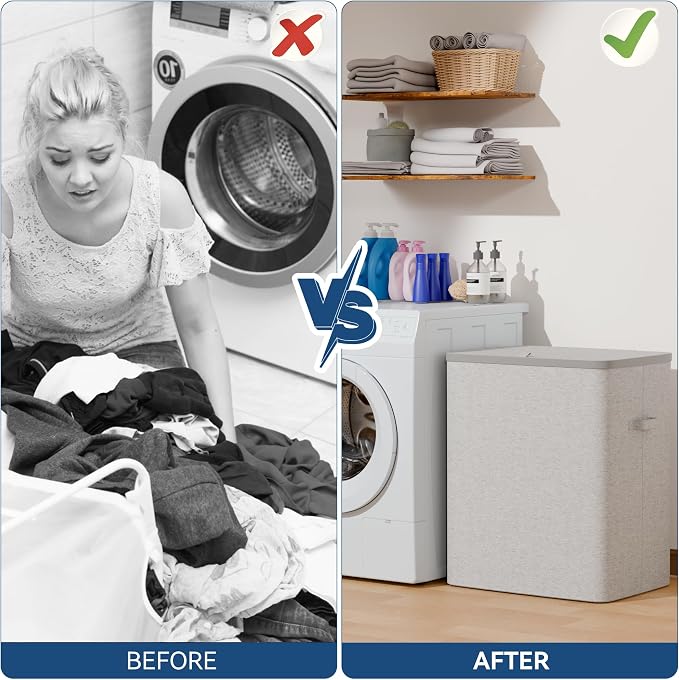 Dual Section 90 liter/23.8 gallon Laundry Hamper Separation Basket with lid, 2 Removable Washing Bags with Handles,Large Laundry Sorter for Easy Clothes Separation - Gray - Image 6