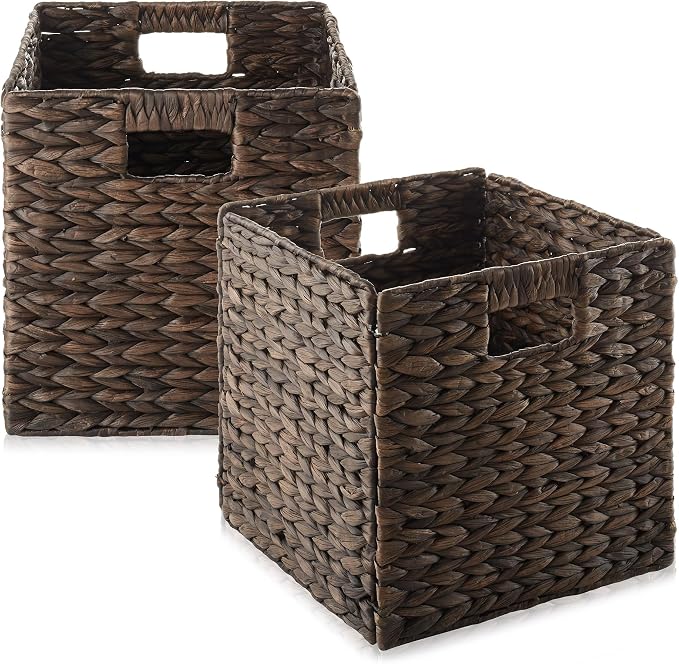 Casafield 10.5" x 10.5" Water Hyacinth Storage Baskets, Espresso - Set of 2 Collapsible Cube Organizers, Woven Bins for Bathroom, Bedroom, Laundry, Pantry, Shelves by Casafield