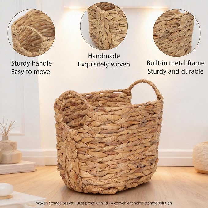 Water Hyacinth Storage Basket with Handles, Woven Boho Storage Basket for Organizing, 11.8" x 7.87" x 8.66" Natural Oval Handwoven Basket for Shelf, Bathroom, Living Room - Image 6
