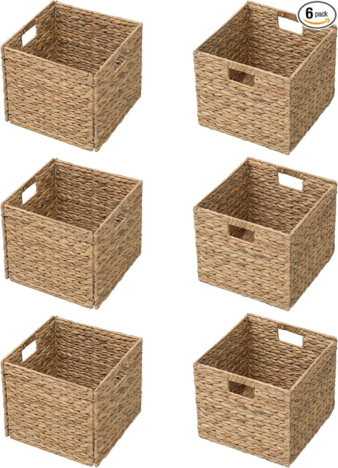 Large Square Woven Hyacinth Wicker Pantry Storage Baskets, Set of 6 | 11"x11"x10", Natural, Iron Wire Frame by eHemco
