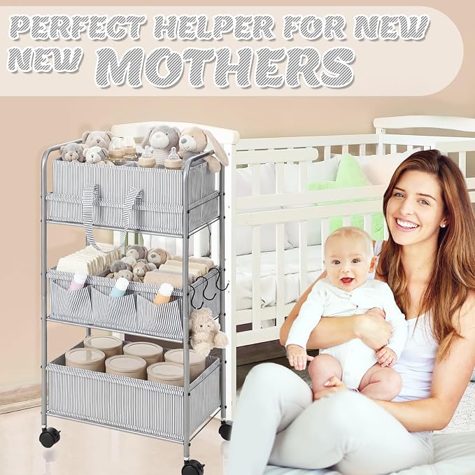 WILLBOND 2 in 1 Baby Diaper Caddy Organizer Cart, 3 Tier Large Stripe Bedside Rolling Cart Metal for Baby Essential with Divider for Newborn Registry Must Have Nursery Bedroom Mother Gift(Gray) - Image 5