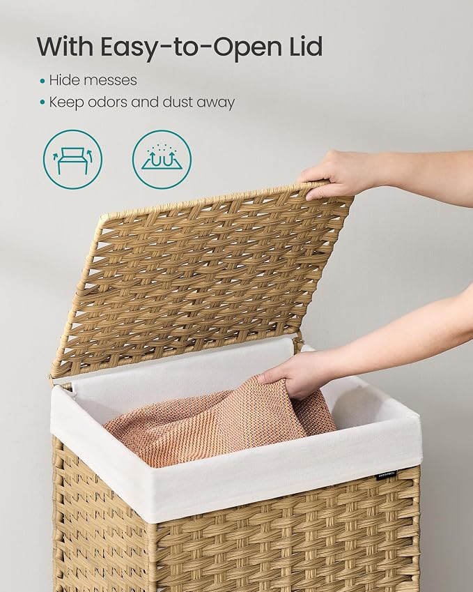 SONGMICS Laundry Hamper with Lid, 31.7 Gallons (120 L), Rolling Laundry Basket with Wheels, Synthetic Rattan, Removable Liner, Bedroom, 18.1 x 15.7 x 26 Inches, Natural Color ULCB161Y01 - Image 3