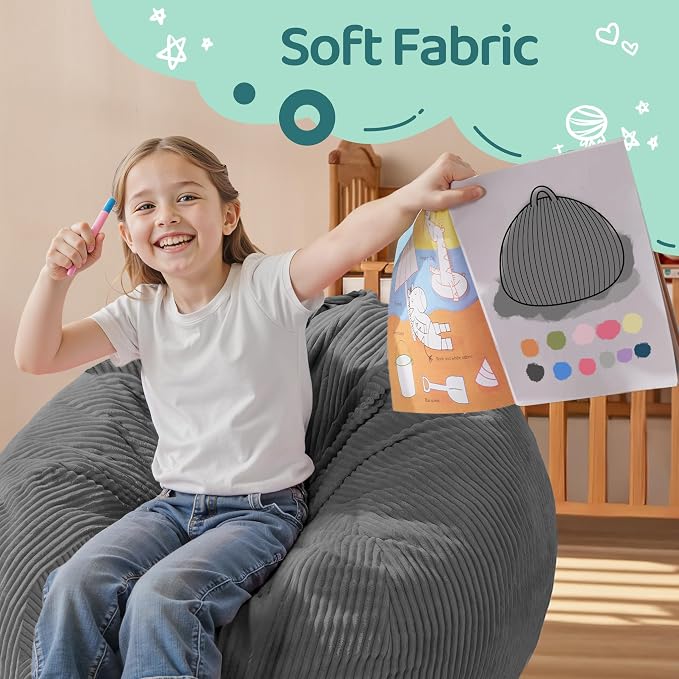 2FT Bean Bag Chair: 2' Small Bean Bags with Memory Foam Filled | Beanbag Chairs with Handle,Teardrop Bean Bag Sofa with Corduroy Machine Washable Cover for Living Room,Bedroom-Grey - Image 7