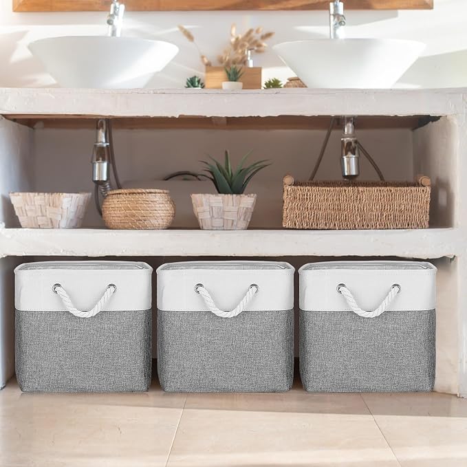 meekoo 8 Pack Collapsible Storage Bins Fabric Storage Bins Polyester Fabric Baskets with Handles Linen Closet Organizer for Shelf Home Closet Towels Toys(12 x 12 x 12 in,Gray White) - Image 7