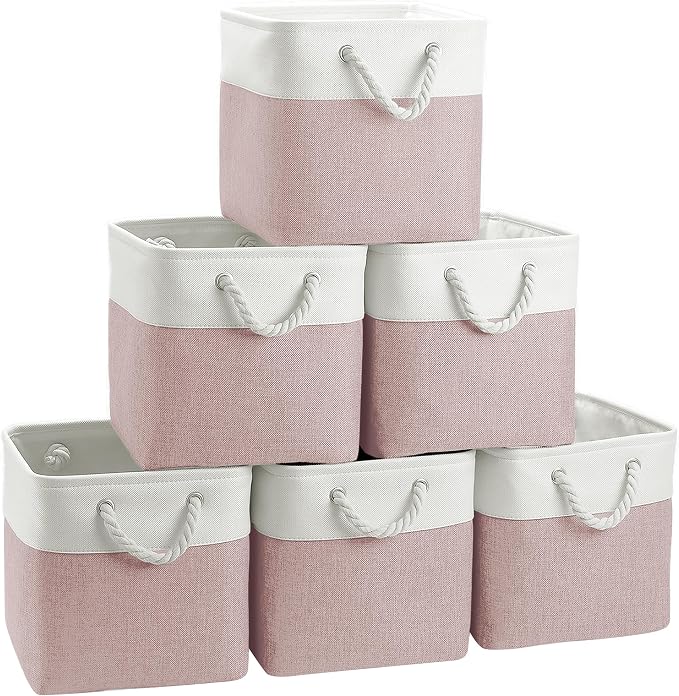 FinishingBo 11 inch Cube Storage Bin with Handles 6 Pack | Foldable Basket, Fabric Storage Bins, Closet Storage, Home Organizer (White/Pink) by SimplifySpaceSimplifyLife