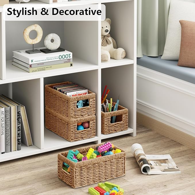 Wicker Storage Basket, Set of 2 Hand Woven Wicker Baskets for Organizing with Handles, Decorative Small Storage Bins for Countertop Toilet Paper Basket for Toilet Tank Top, Shelves, Natural - Image 8