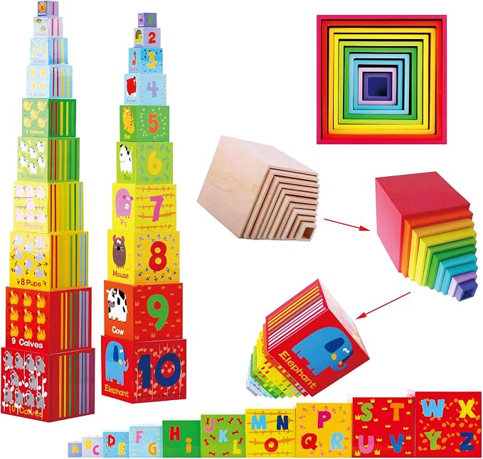 TOWO Wooden Stacking Boxes, Nesting Sorting Cups for Toddlers | Number, alphabet and animal blocks support stacking, nesting, sorting and early learning; Montessori toy for toddlers age 2+ by Toys+of+Wood+Oxford