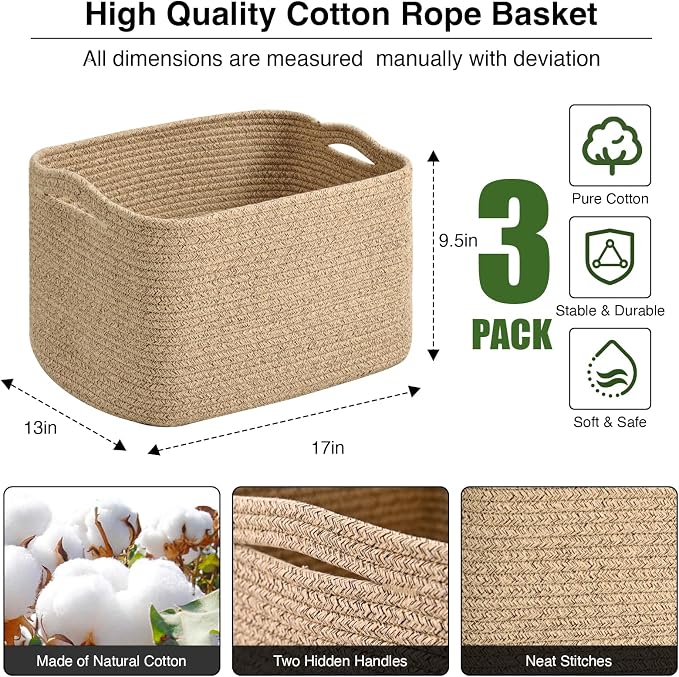 ICERZCZ Large Storage Baskets for Organizing Shelves, Woven Cotton Rope Bins for Baby Nursery Organization, Book Toy Towel Organizer, 17"x13"x9.5", 3 Packs, Brown - Image 3