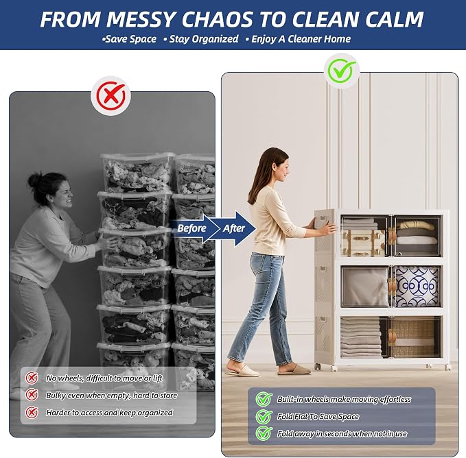 SAILUN 108QT/27Gal Stackable Storage Bins with a Lid, Collapsible Storage Bins With Doors, Folding Cabinet for Home Closet Organization,3 Pack-17.7" W x 11.8" D x 30.3" H White - Image 3