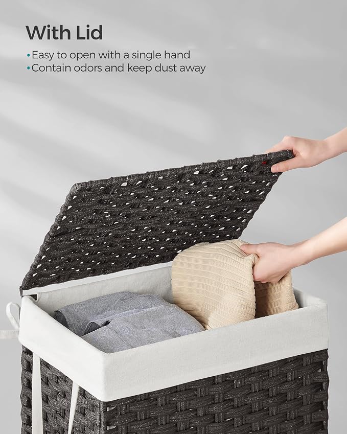 SONGMICS Laundry Hamper with Lid, 23.8 Gallon (90 L) Synthetic Rattan Clothes Laundry Basket with Lid and Handles, Foldable, Removable Liner, Black ULCB51BK - Image 3