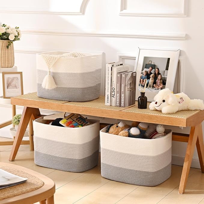 3 Pack Cube Storage Bin, 17”x12”x12” Cotton Rope Woven Baskets for Organizing Toys Clothes Towels, Square Gift Storage Baskets for Shelves, Nursery, Closet, Bathroom, Pantry (Gradient Grey) - Image 3