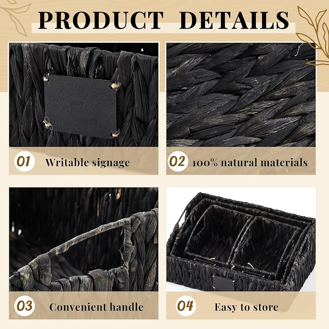 4 Pcs Water Hyacinth Storage Basket Set Boho Wicker Rattan Pantry Basket with Chalkboard Label Handles Woven Container Kitchen Laundry Large Small for Shelf Food Home Bathroom Decor(Black) - Image 3