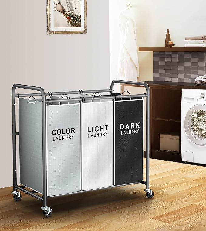 ROMOON Laundry Sorter Hamper 3 Section, Divided Laundry Basket Organizer | Rolling Clothes Hamper with Heavy Duty Lockable Wheels and Removable Bags for Apartment, Dorm & Family, 135L, Multicolor - Image 2
