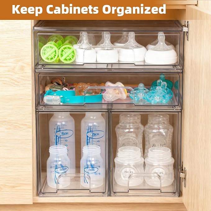 Baby Bottle Organizer, 5 Pack Stackable Storage Drawers with Labels, Clear Station Organizers Container for Pacifiers, Pump Parts, Desk Organizer Bins for Bathroom, Cabinet, Pantry, Vanity, Countertop - Image 7