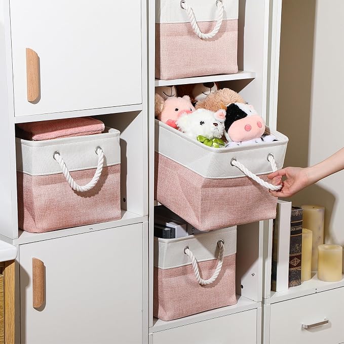 FoldTier 10 Pack Large Collapsible Fabric Storage Baskets with Handles Decorative Storage Bins for Organizing Shelves Toys Clothes (Pink & White,16 x 12 x 10 Inches) - Image 6