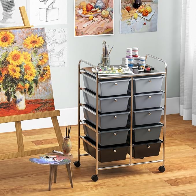 RELAX4LIFE Rolling Storage Cart with 10 Drawers - Craft Storage Cart with Lockable Wheels,Utility Cart, Art Cart Organizer for Crafting Storage, Office, School Rolling Drawer Cart (Gradient Black) - Image 9