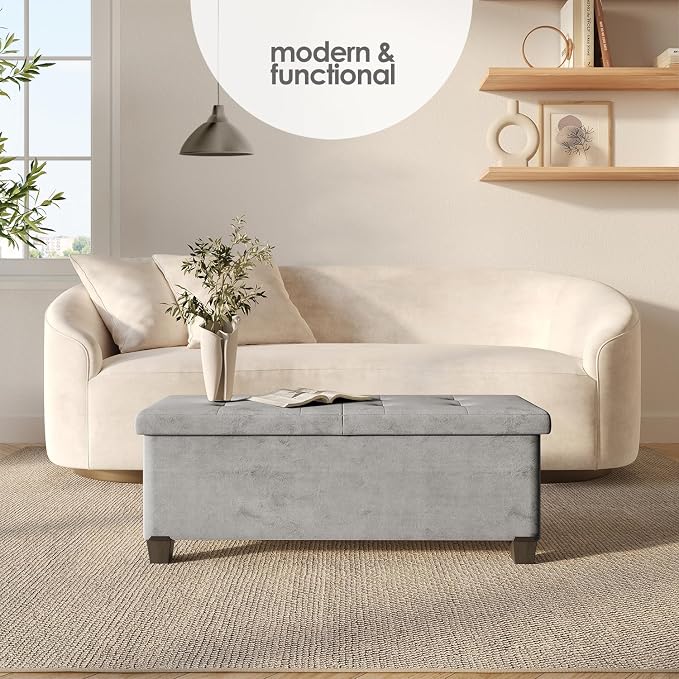 Storage Ottoman Bench with Bins, 43-in Storage Bench for Bedroom End of Bed, Folding Foot Rest Ottoman for Living Room Max 660lbs, Velvet Ottomans, Light Grey - Image 2