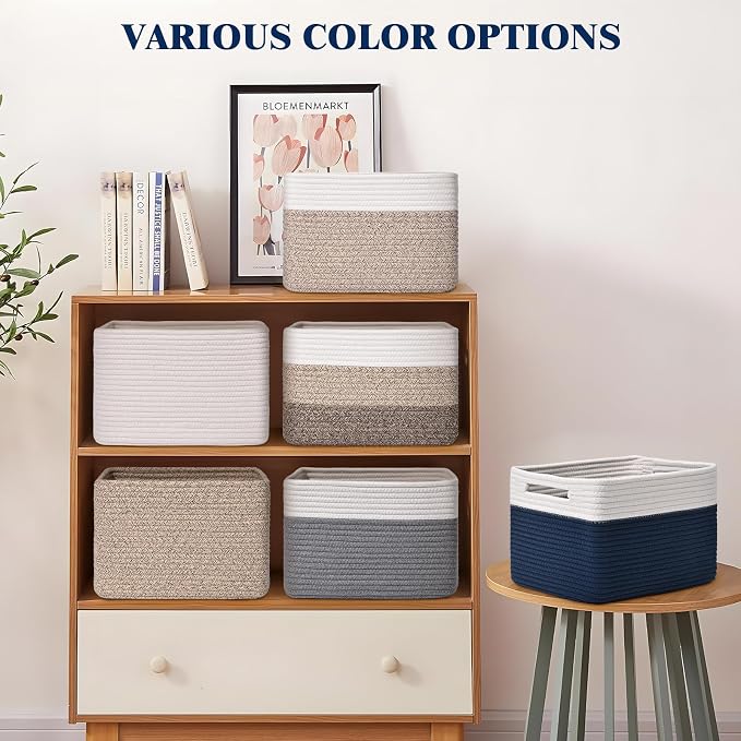 Storage Baskets for Organizing, 4 Pack Baskets for Shelves, Decorative Storage Bins for Shelves, Cotton Rope Storage Basket with Handles, Woven Basket for Storage, 13''Lx8.7''Wx7.9''H, White & Blue - Image 7