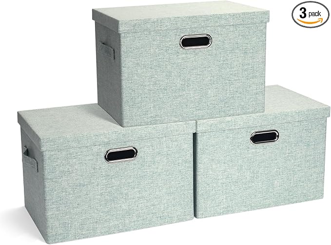Storage Bins with Lids Fabric Closet Organizers Cubes Office Organization | 36 Quart 3 Pack Light Green Collapsible Stackable Linen Fabric 4 Handles Bedroom Closet Cabinet Under Bed Clothes Toy Office by GraciadecoStorage