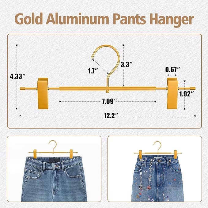 Matte Gold Aluminum Pants Hangers with Adjustable Clips, 10 Pack | Non-Slip, Sturdy Metal, 360° Swivel Hooks, Heavy-Duty & Space-Saving Closet Organizer for Pants, Skirts, Kids & Adults - Image 2