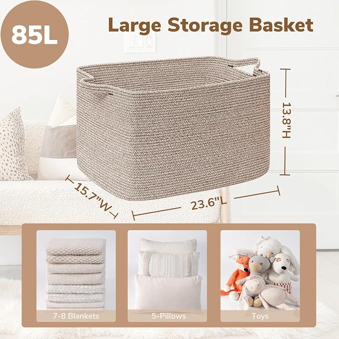 Goodpick 85L Large Woven Rope Blanket Basket, Rectangle, Brown | 23.6'' x 15.7'' x 13.8'' Storage Basket for Blankets, Toys & Clothes, Living Room & Bedroom Organization, Reinforced Handles - Image 3