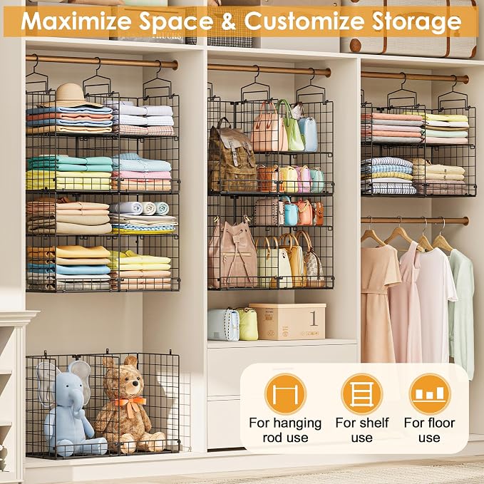 Hanging Closet Organizer with DIY Spacing, Double-Row Closet Hanging Shelves with 4 Adjustable Dividers & 6 Hooks, Heavy Duty Metal Closet Storage Organizer with Front Guard, Split into 2 Units - Image 6