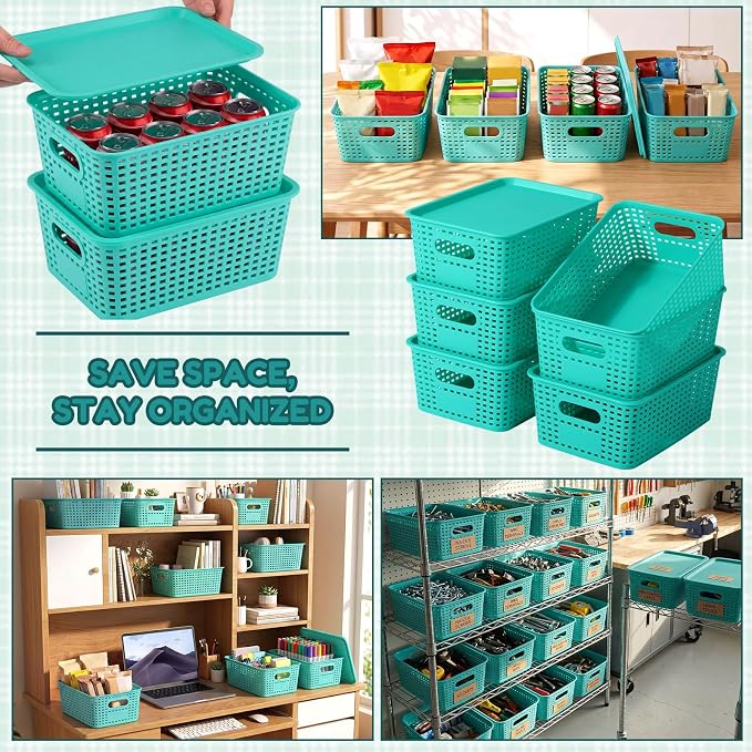 12 Pack Plastic Storage Baskets with Lids Stackable Organizing Bins Storage Baskets Organizers and Containers for Closet, Pantry, Office, 10.2 x 7.2 x 4.1 Inches(Teal) - Image 4