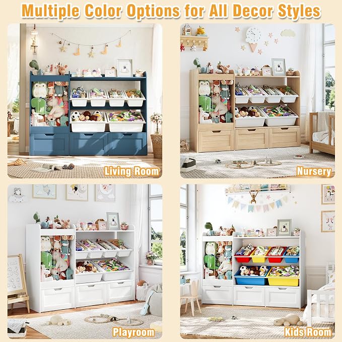 Kids Toy Storage, 50.6" W x 41.3" H Large Toy Organizers and Storage Cabinet with 6 Plastic Bins, 3 Rolling Drawers, Stuffed Animal Zoo, Wooden Organization Shelf for Playroom, Nursery(White) - Image 8