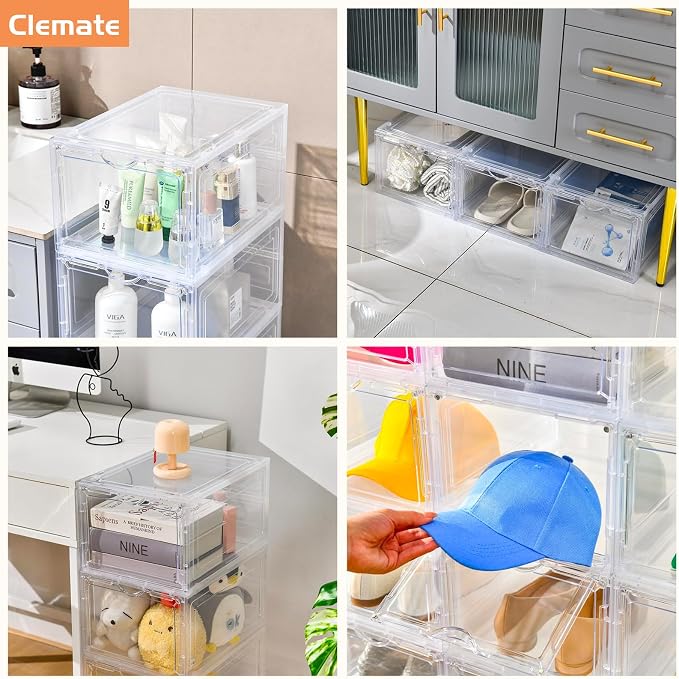 Clemate Upgraded X-Large Shoe Organizer,Shoe Storage Organizer,12 Pack,Shoe Box Clear Plastic Stackable,Drop Front Shoe Box with Clear Door, Shoe Containers For Sneaker Display,Fit up to US Size12 - Image 8