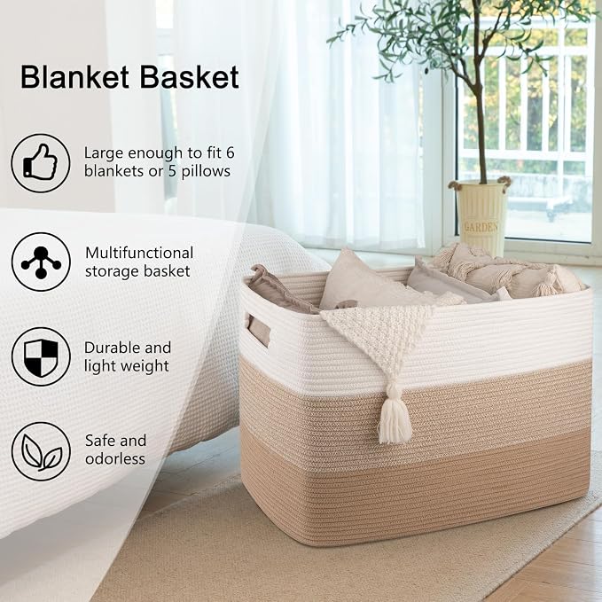 OIAHOMY 108L Extra Large Blanket Basket Dog Toy Basket Light Brown | Rectangle Woven Baskets for Storage Cotton Rope Basket For Living Room Toy Storage Blanket Storage Laundry Basket - Image 5