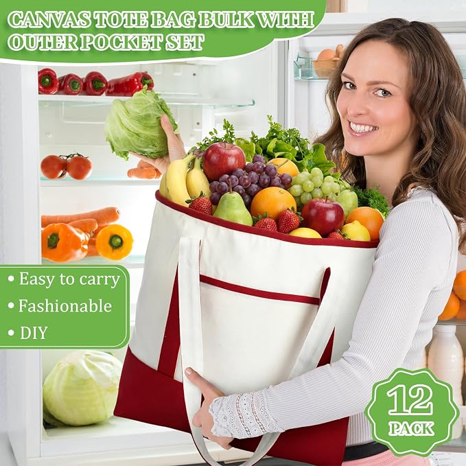 Sanwuta Canvas Tote Bags Bulk with Outer Pockets,Red,12 Pack | Reusable Cotton Grocery Bags, Perfect for Teachers, Party Giveaways, DIY Crafts, Wedding Favors, Business Gifts - Image 6