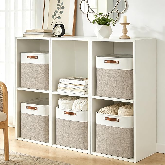 Large Fabric Storage Baskets | 50L Storage Bins, Decorative Linen Closet Baskets with Handles for Organizing, Shelf, Toys, Clothes, Home, Office, Nursery, 17x12x15Inches (Beige&White) - Image 3