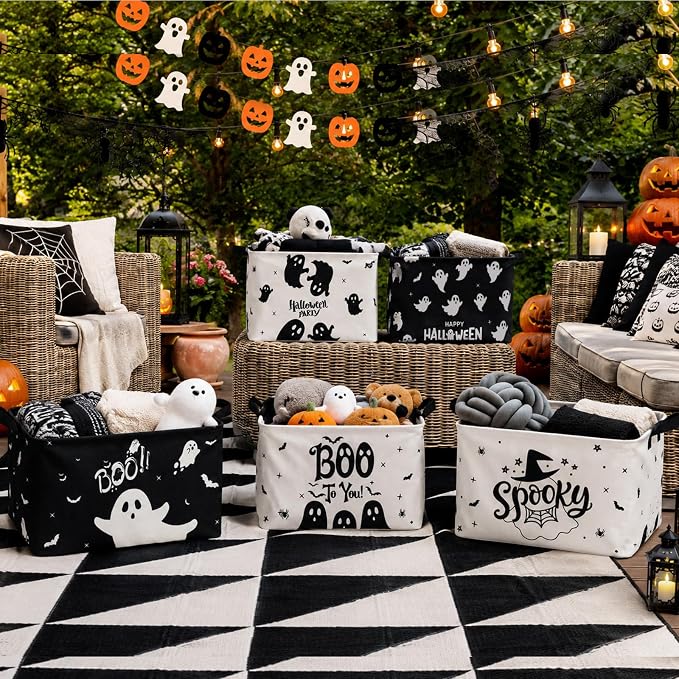 CHENGU 6 Pack Halloween Storage Basket Ghost Gift Basket for Holiday Decor Collapsible Shelf Baskets Cube with Handle for Home Office Bedroom Dorm Closet Shelf - Image 7