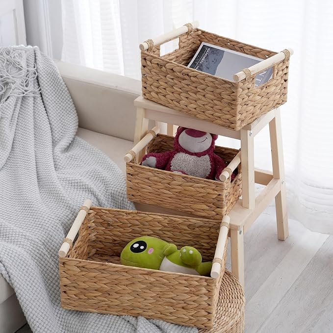 Woven Storage Baskets, Wicker Shelf Baskets, 3-Pack, 3 Sizes | 3-piece rectangular woven basket set in small, medium and large sizes; natural wicker organizers for shelves and cabinets. - Image 7