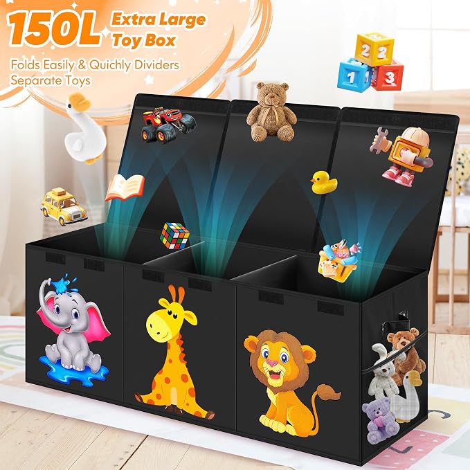 Extra Large Toy Box, Collapsible Storage Organizer with Lids, 40"x14"x16" | Black Cute Animals Kids Toy Chest Storage Bins Boxes for Boys Girls, Bedroom Nursery Playroom Organization - Image 2