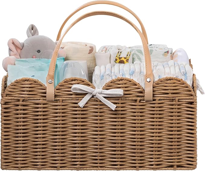 HBlife Baby Diaper Caddy Organizer, Large Portable Scalloped Plastic Wicker Woven Basket with Divider, Nursery Diaper Station, Baby Shower Gifts Basket, Car Organizer, Washable Waterproof by HBlife