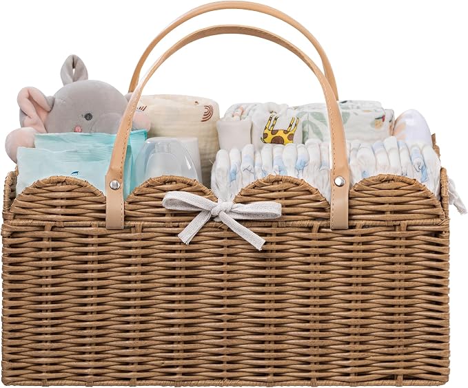 HBlife Baby Diaper Caddy Organizer, Portable Scalloped Plastic Wicker Woven Basket with Divider, Nursery Diaper Station, Baby Shower Gifts Basket, Car Organizer, Washable Waterproof by HBlife