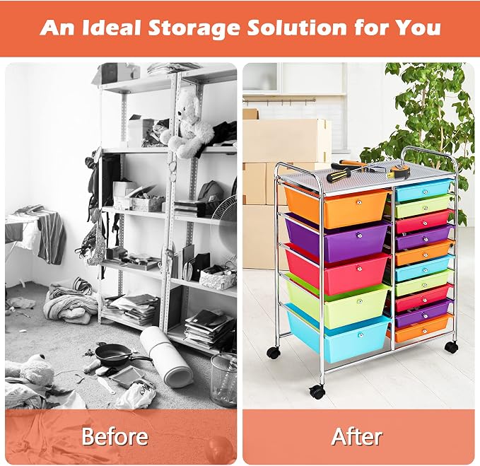 GOFLAME 15-Drawer Rolling Storage Cart, Craft Storage Cart with Removable Drawers & Lockable Wheels, Art Cart Supply Storage Organizer for Home Office Classroom, Multicolor - Image 7